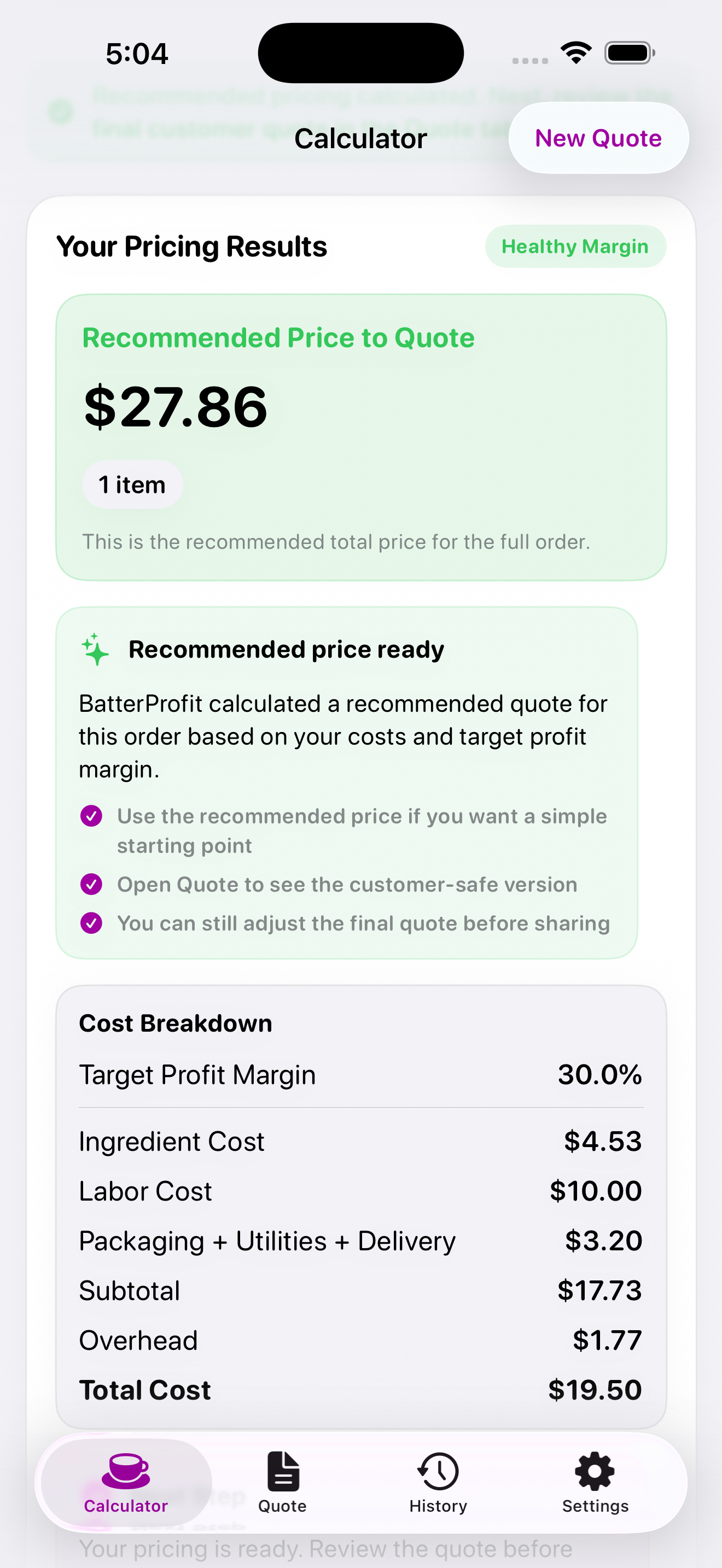 BatterProfit pricing results screen